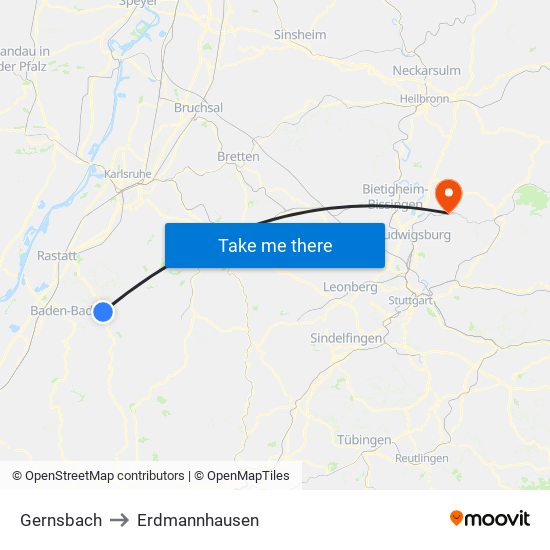 Gernsbach to Erdmannhausen map