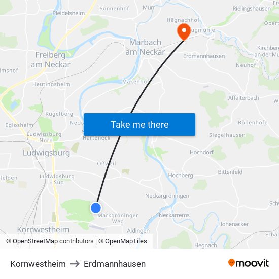 Kornwestheim to Erdmannhausen map