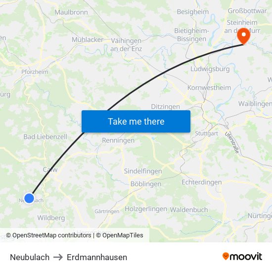 Neubulach to Erdmannhausen map