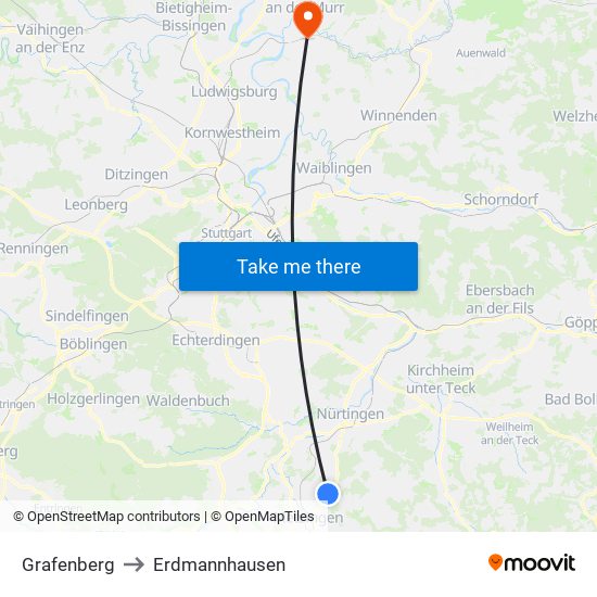 Grafenberg to Erdmannhausen map