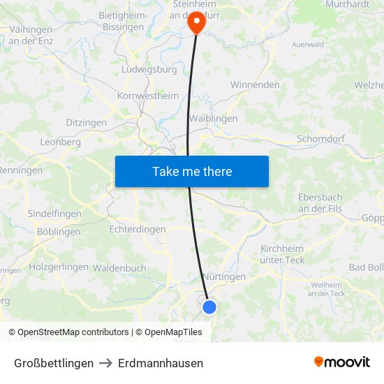 Großbettlingen to Erdmannhausen map