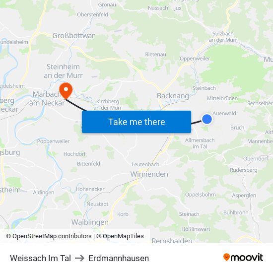 Weissach Im Tal to Erdmannhausen map