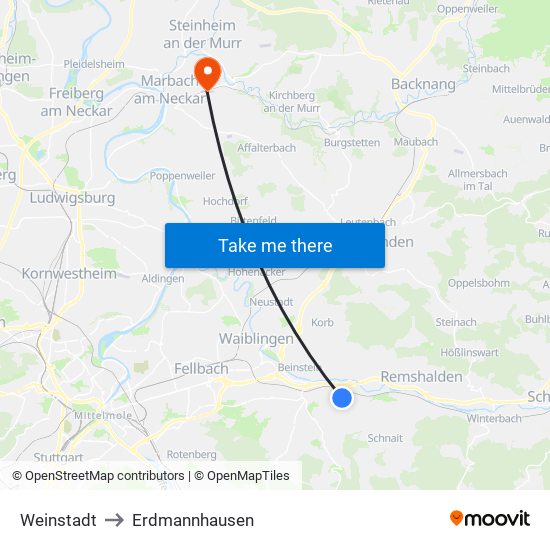 Weinstadt to Erdmannhausen map