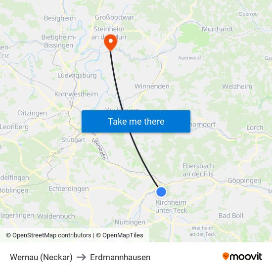 Wernau (Neckar) to Erdmannhausen map