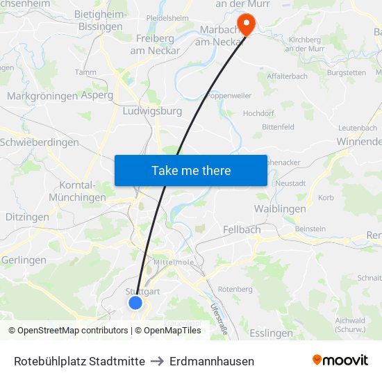 Rotebühlplatz Stadtmitte to Erdmannhausen map