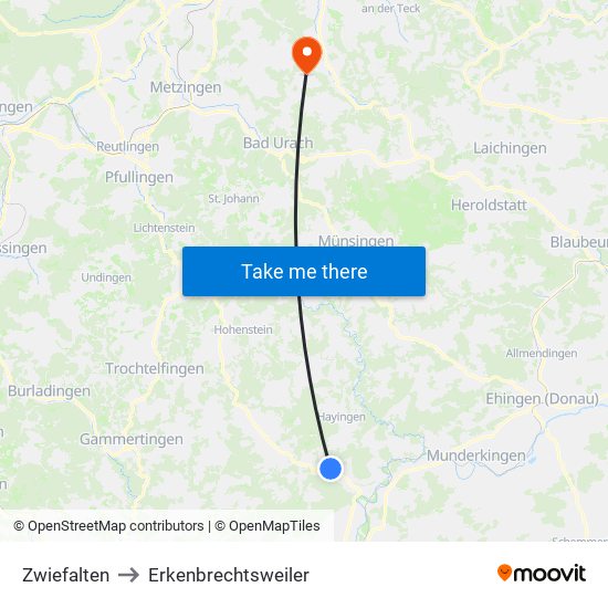 Zwiefalten to Erkenbrechtsweiler map