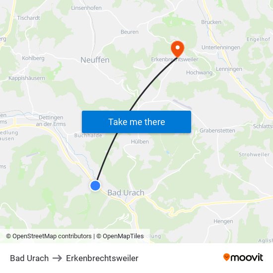 Bad Urach to Erkenbrechtsweiler map