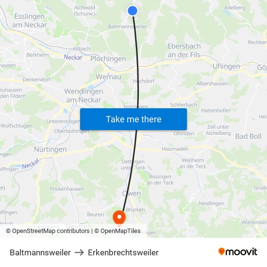 Baltmannsweiler to Erkenbrechtsweiler map