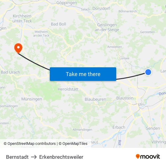 Bernstadt to Erkenbrechtsweiler map