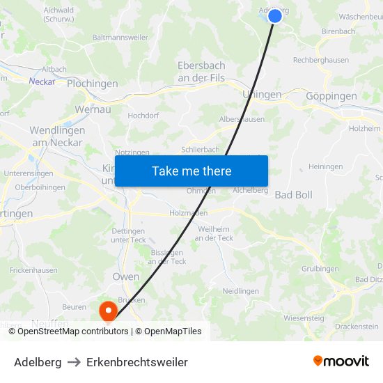 Adelberg to Erkenbrechtsweiler map