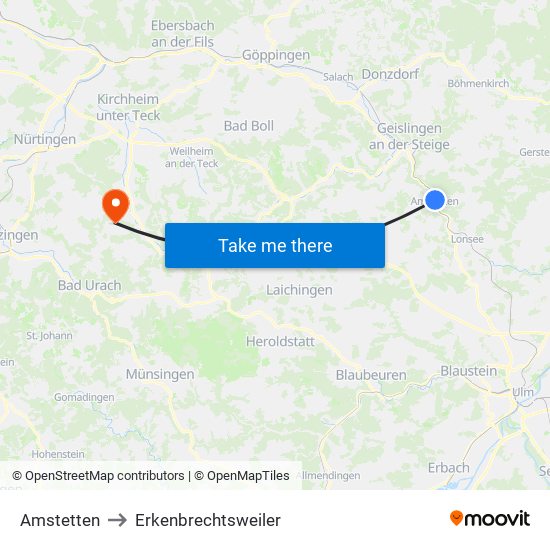 Amstetten to Erkenbrechtsweiler map