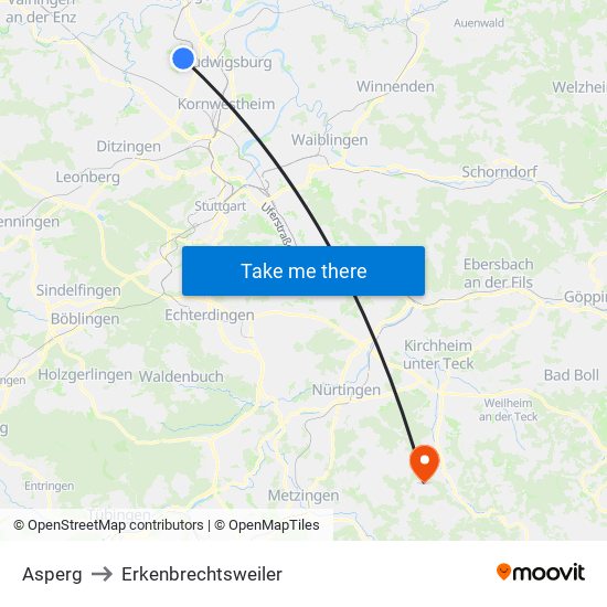 Asperg to Erkenbrechtsweiler map