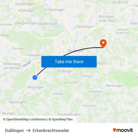 Dußlingen to Erkenbrechtsweiler map