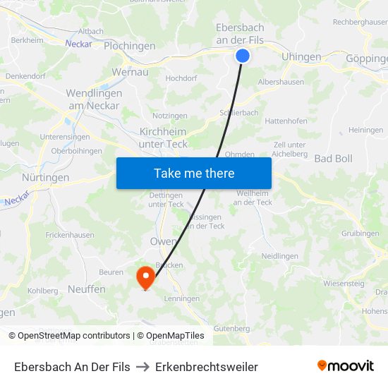 Ebersbach An Der Fils to Erkenbrechtsweiler map