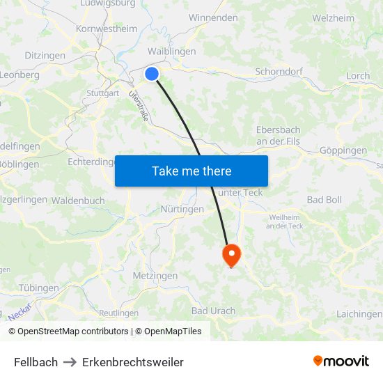 Fellbach to Erkenbrechtsweiler map