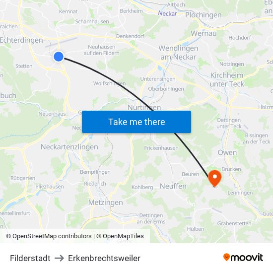 Filderstadt to Erkenbrechtsweiler map