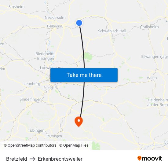 Bretzfeld to Erkenbrechtsweiler map