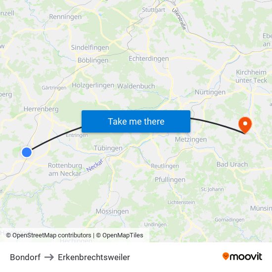 Bondorf to Erkenbrechtsweiler map
