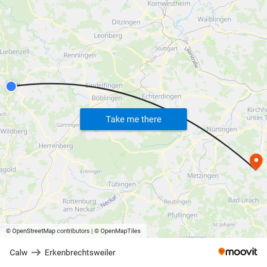 Calw to Erkenbrechtsweiler map