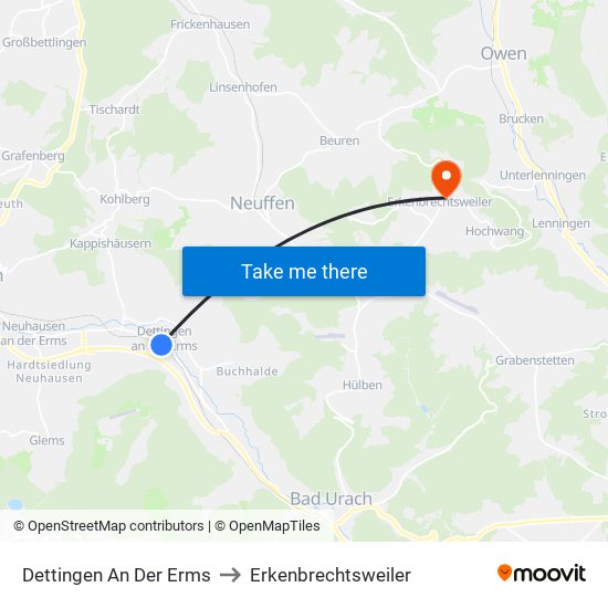 Dettingen An Der Erms to Erkenbrechtsweiler map