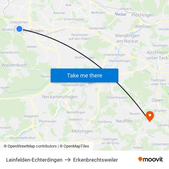 Leinfelden-Echterdingen to Erkenbrechtsweiler map