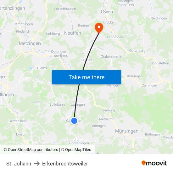 St. Johann to Erkenbrechtsweiler map