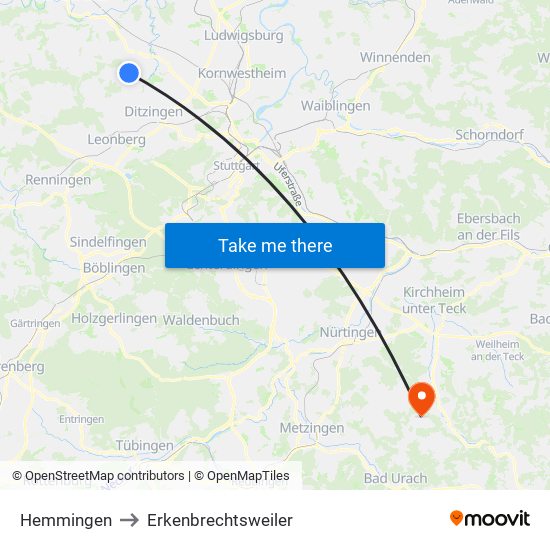 Hemmingen to Erkenbrechtsweiler map