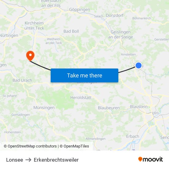 Lonsee to Erkenbrechtsweiler map