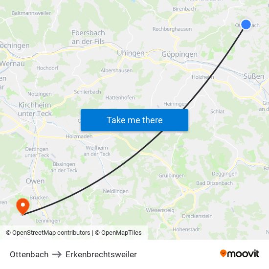 Ottenbach to Erkenbrechtsweiler map