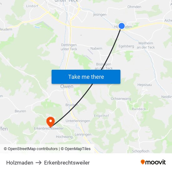 Holzmaden to Erkenbrechtsweiler map