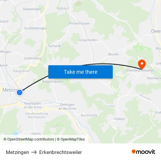 Metzingen to Erkenbrechtsweiler map