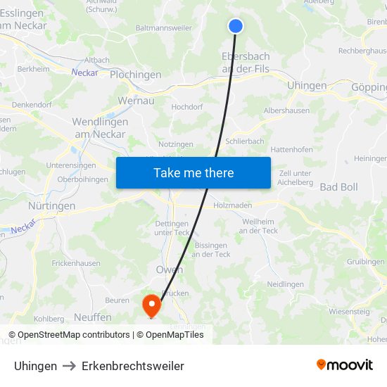 Uhingen to Erkenbrechtsweiler map