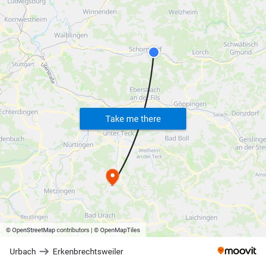 Urbach to Erkenbrechtsweiler map