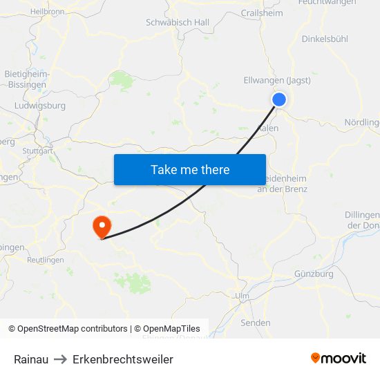 Rainau to Erkenbrechtsweiler map