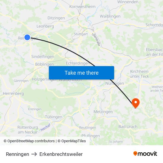 Renningen to Erkenbrechtsweiler map