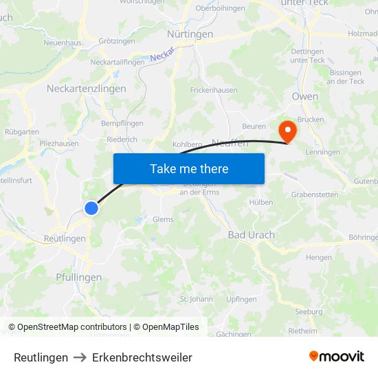 Reutlingen to Erkenbrechtsweiler map