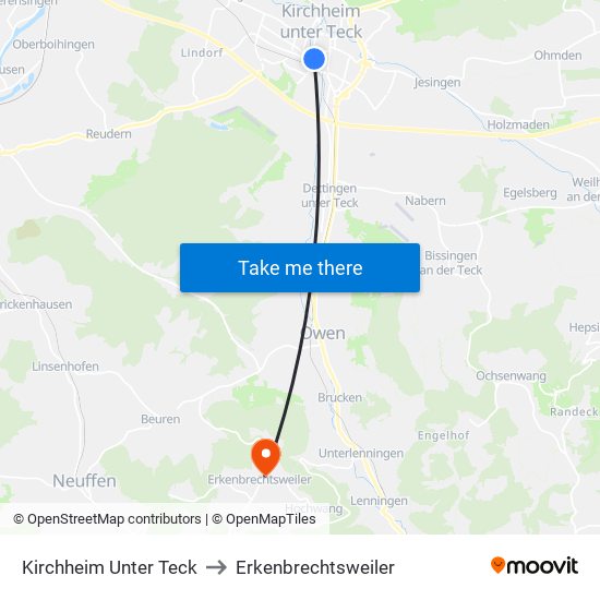 Kirchheim Unter Teck to Erkenbrechtsweiler map
