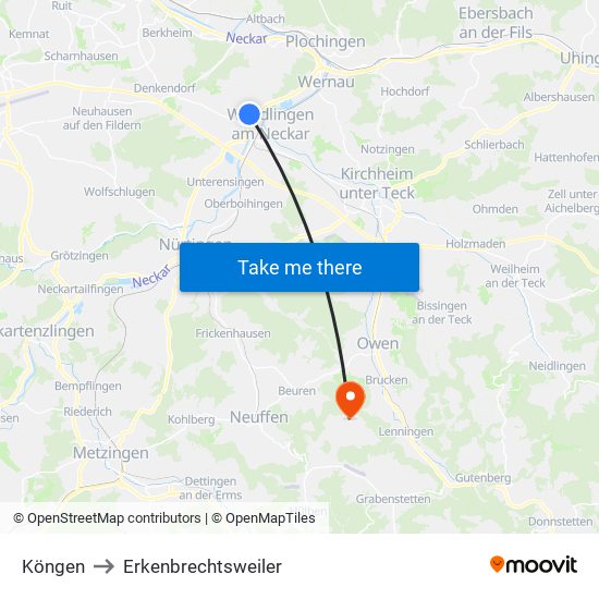 Köngen to Erkenbrechtsweiler map