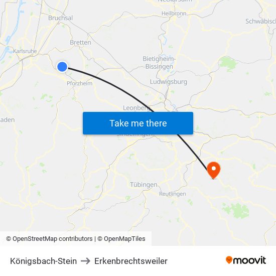 Königsbach-Stein to Erkenbrechtsweiler map