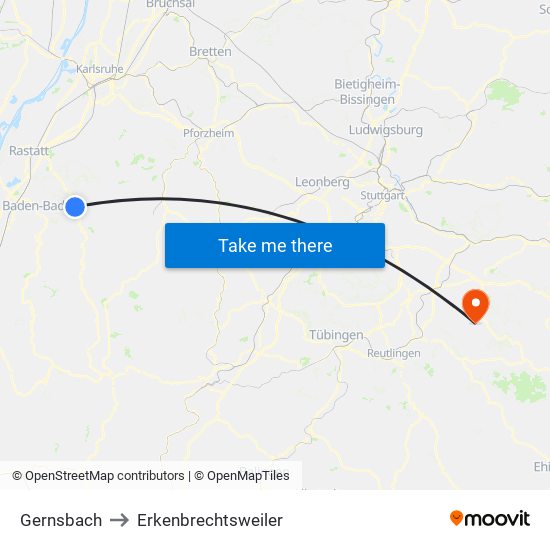 Gernsbach to Erkenbrechtsweiler map
