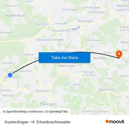 Kusterdingen to Erkenbrechtsweiler map