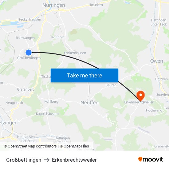 Großbettlingen to Erkenbrechtsweiler map