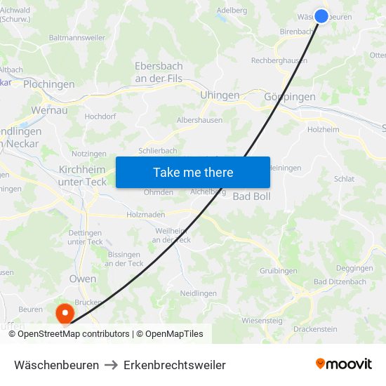 Wäschenbeuren to Erkenbrechtsweiler map