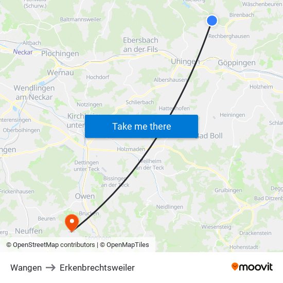 Wangen to Erkenbrechtsweiler map
