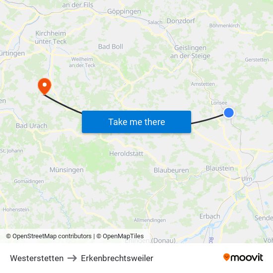 Westerstetten to Erkenbrechtsweiler map