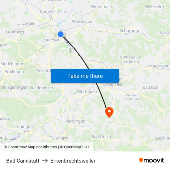 Bad Cannstatt to Erkenbrechtsweiler map