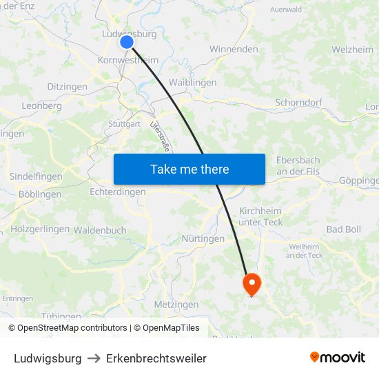 Ludwigsburg to Erkenbrechtsweiler map
