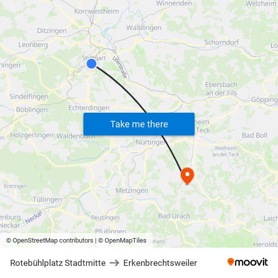 Rotebühlplatz Stadtmitte to Erkenbrechtsweiler map