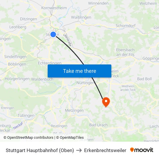 Stuttgart Hauptbahnhof (Oben) to Erkenbrechtsweiler map