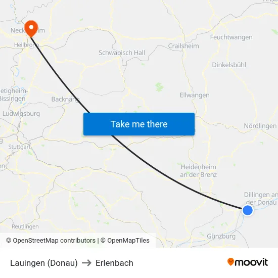 Lauingen (Donau) to Erlenbach map